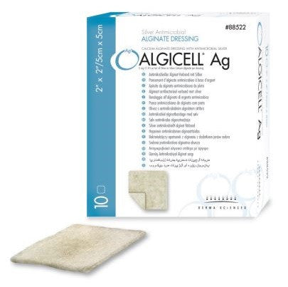 Box of Algicell Ag alginate dressing with a sample on a white background