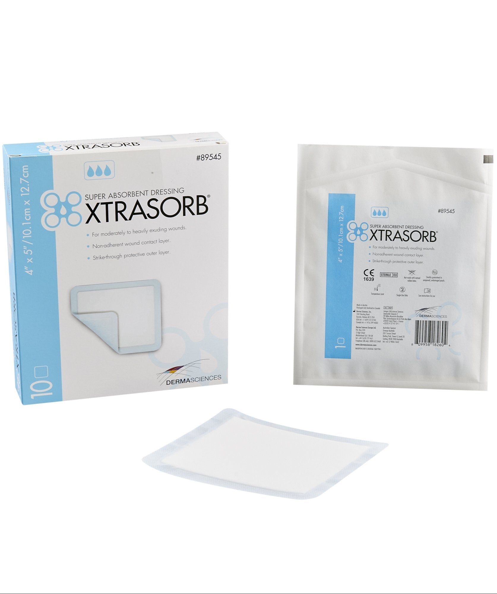 Xtrasorb super absorbent dressing packaging and product on a white background