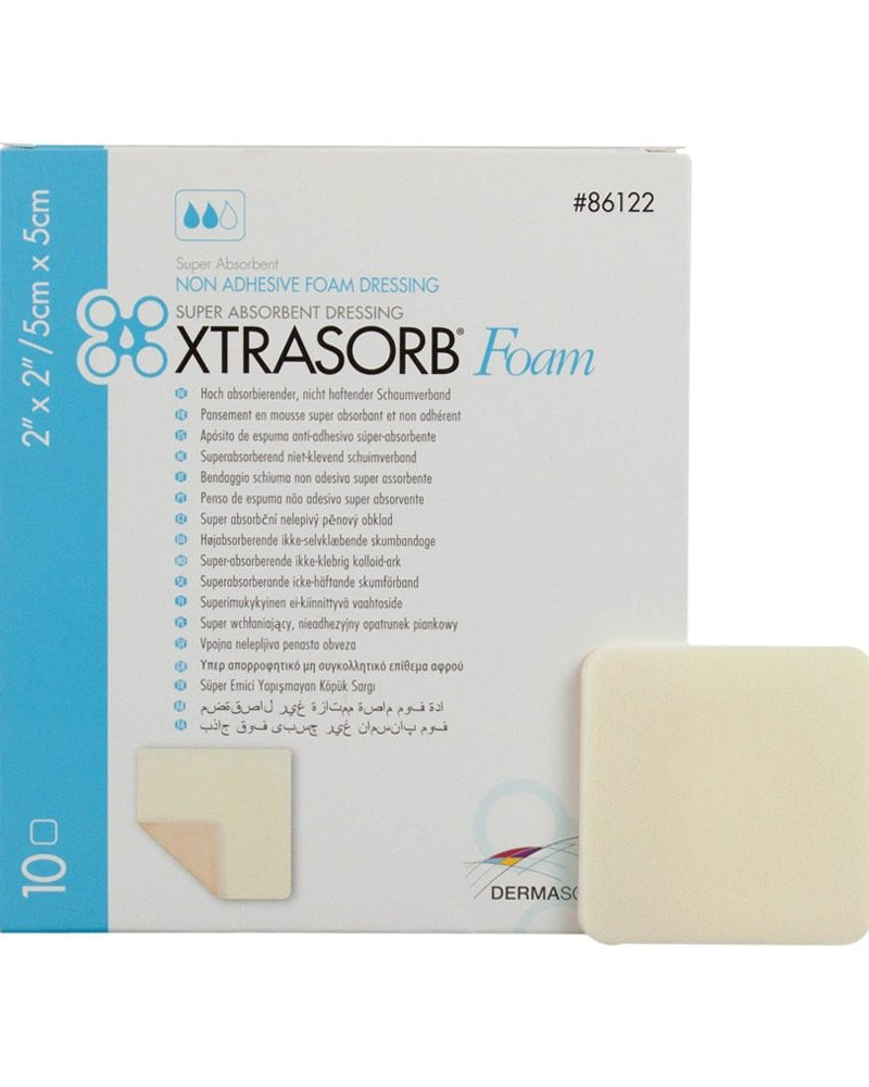 Xtrasorb Foam dressing packaging with a sample piece on a white background