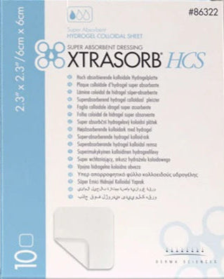 Xtrasorb HCS super absorbent dressing packaging with text and product image.