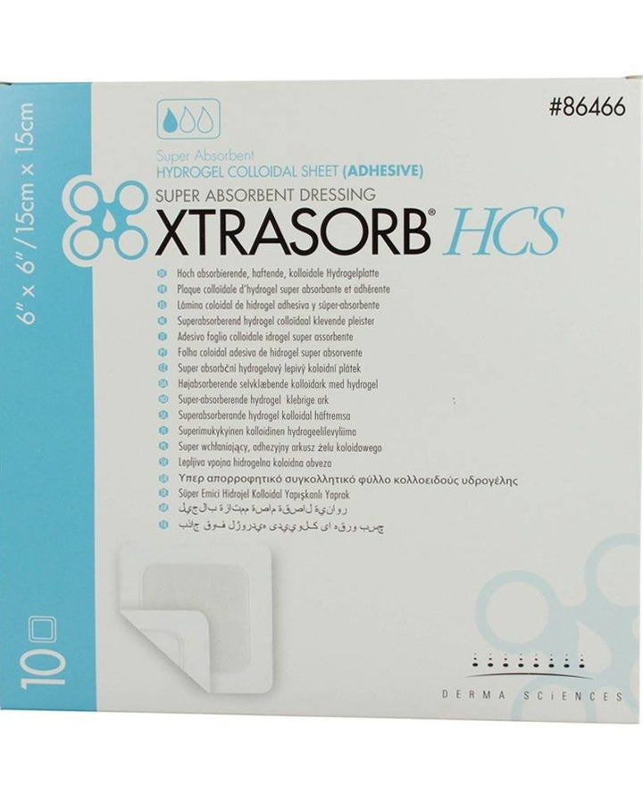 Box of Xtrasorb HCS super absorbent dressing with blue and white design.