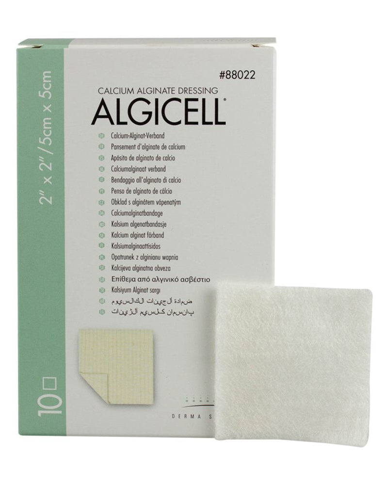 Box of Algicell calcium alginate dressing with a sample on a white background