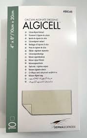 Packaging of Dermalogica Algicell calcium alginate dressings with product details.