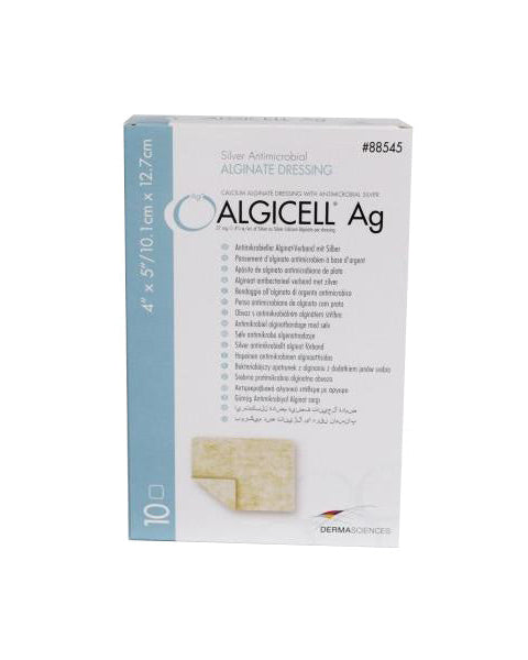 Box of Algicell Ag medical dressing on a white background
