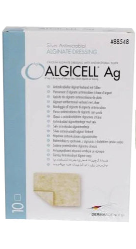 Box of Algicell Ag silver antimicrobial alginate dressing with a sample on a white background