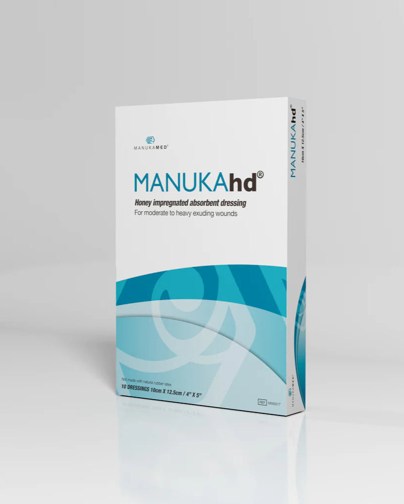 Box of ManukaHD honey impregnated absorbent dressing on a gray background
