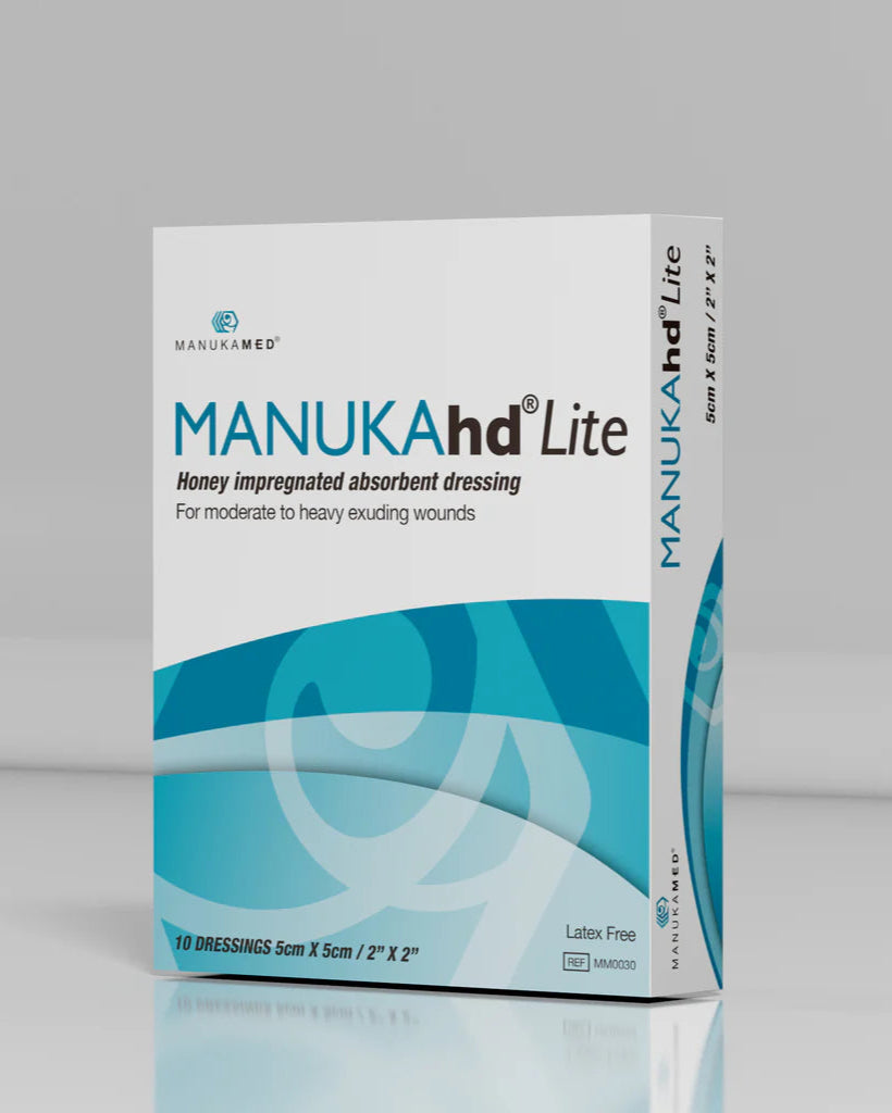 Box of Manuka hd Lite medical dressing on a gray background