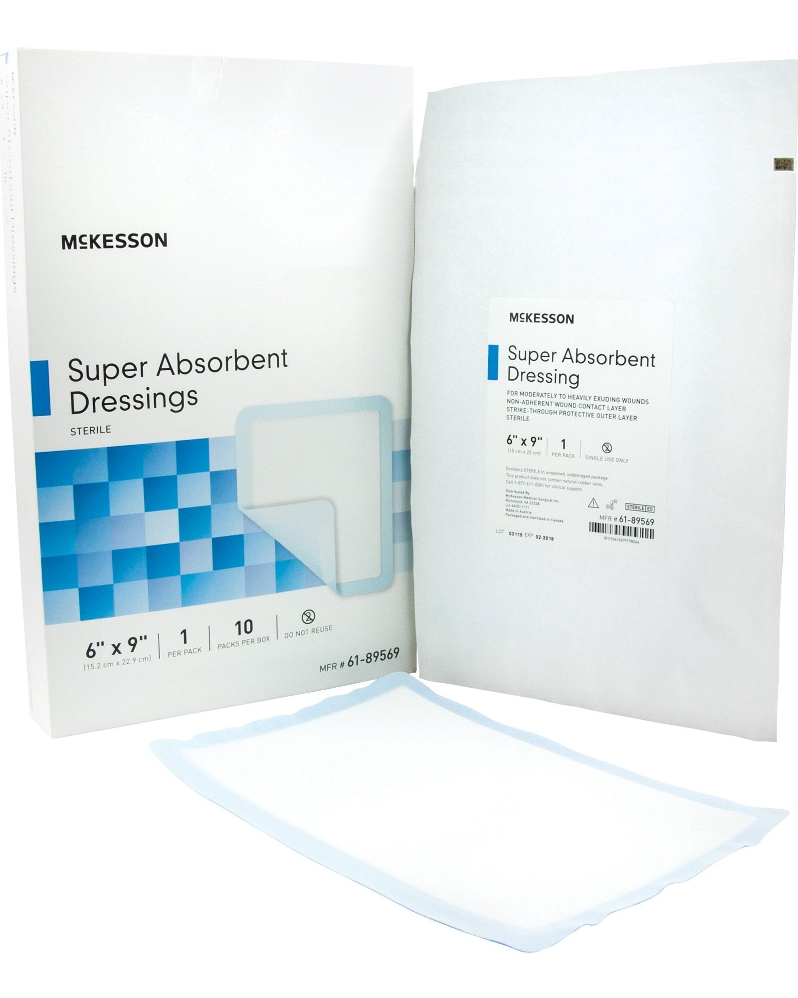 Super absorbent dressing with McKesson packaging on a white background