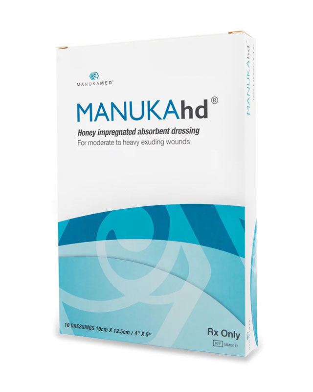 Manuka honey impregnated absorbent dressing packaging on a white background
