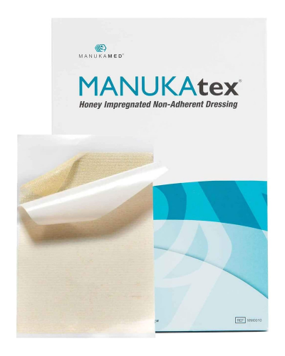 ManukaMed ManuKatex honey impregnated non-adherent dressing packaging on a white background