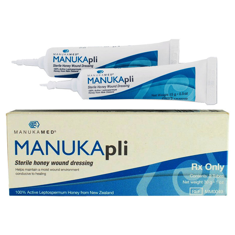 Two tubes and a box of ManukaMed Manukapli sterile honey wound dressing on a white background.