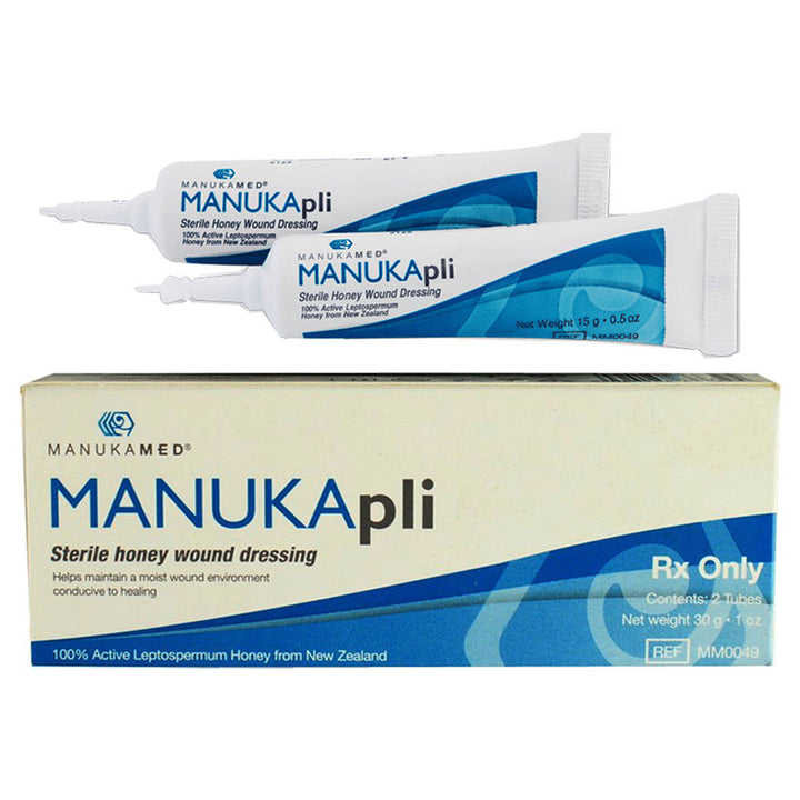 Two tubes and a box of ManukaMed Manukapli sterile honey wound dressing on a white background.